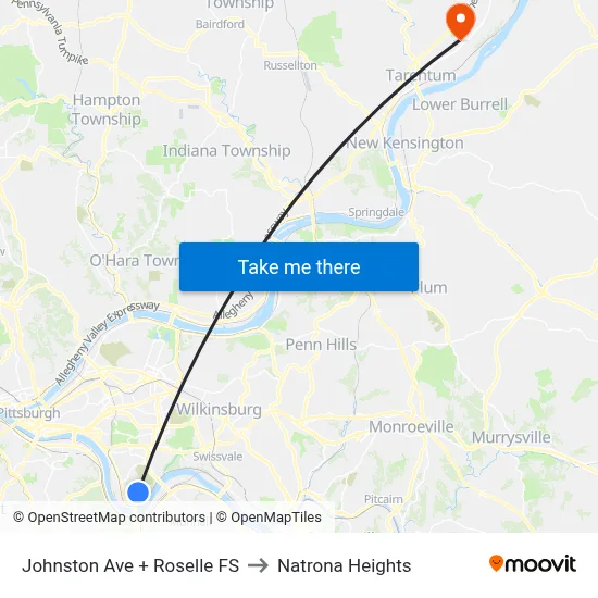 Johnston Ave + Roselle FS to Natrona Heights map