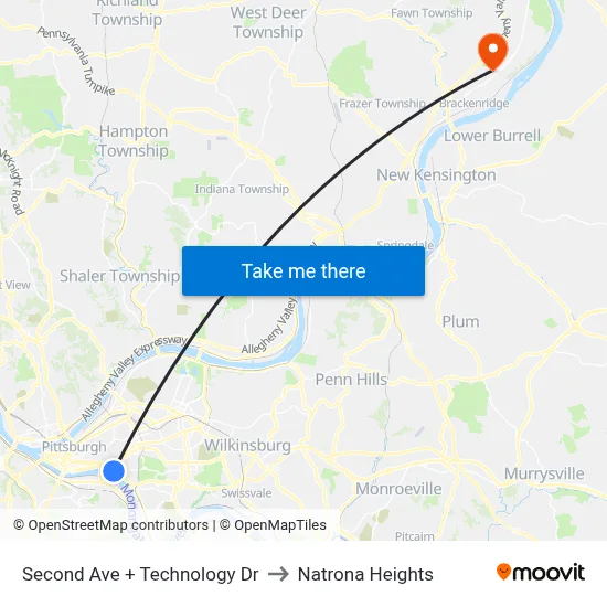 Second Ave + Technology Dr to Natrona Heights map