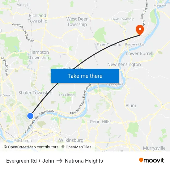 Evergreen Rd + John to Natrona Heights map