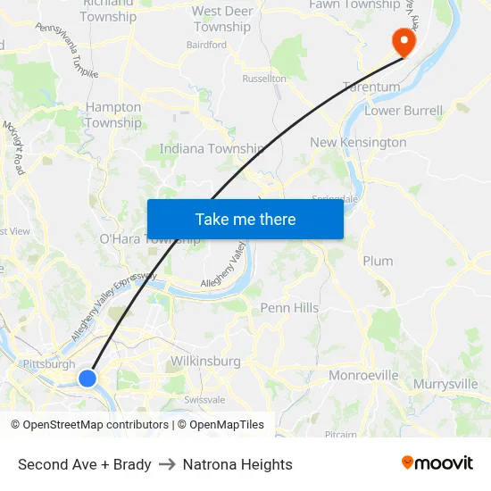 Second Ave + Brady to Natrona Heights map