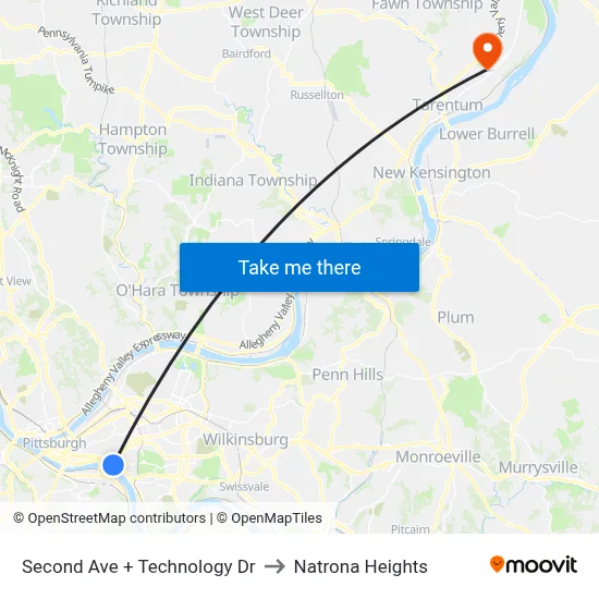 Second Ave + Technology Dr to Natrona Heights map