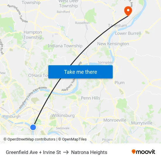 Greenfield Ave + Irvine St to Natrona Heights map