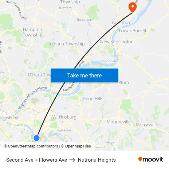 Second Ave + Flowers Ave to Natrona Heights map