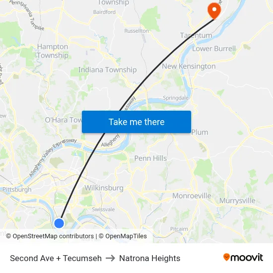 Second Ave + Tecumseh to Natrona Heights map