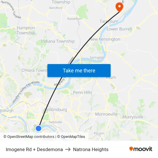 Imogene Rd + Desdemona to Natrona Heights map
