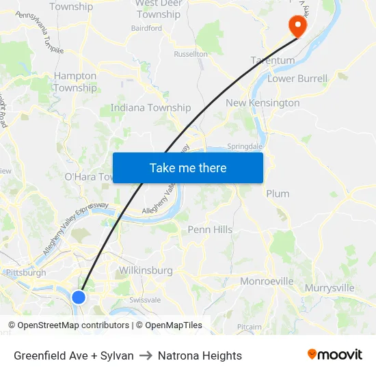 Greenfield Ave + Sylvan to Natrona Heights map