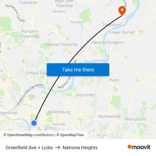 Greenfield Ave + Lydia to Natrona Heights map