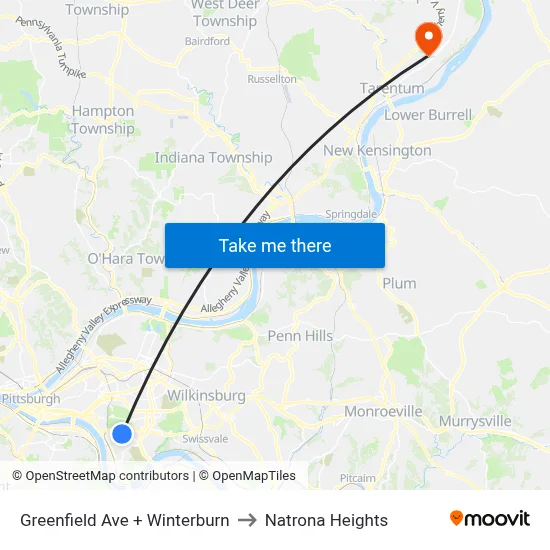 Greenfield Ave + Winterburn to Natrona Heights map