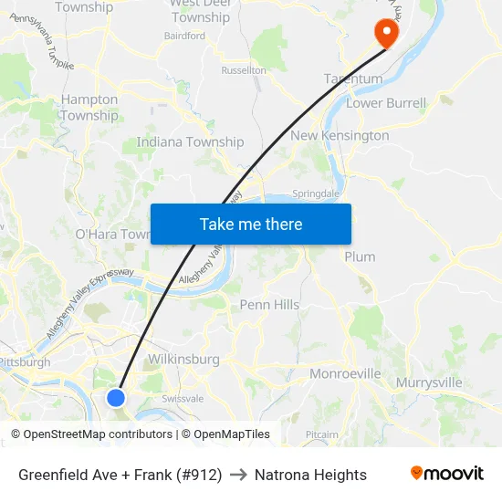 Greenfield Ave + Frank (#912) to Natrona Heights map