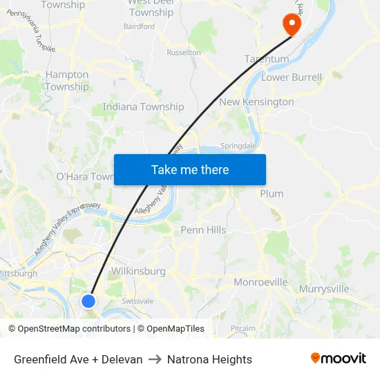 Greenfield Ave + Delevan to Natrona Heights map