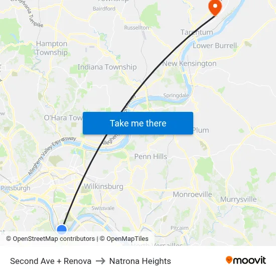 Second Ave + Renova to Natrona Heights map