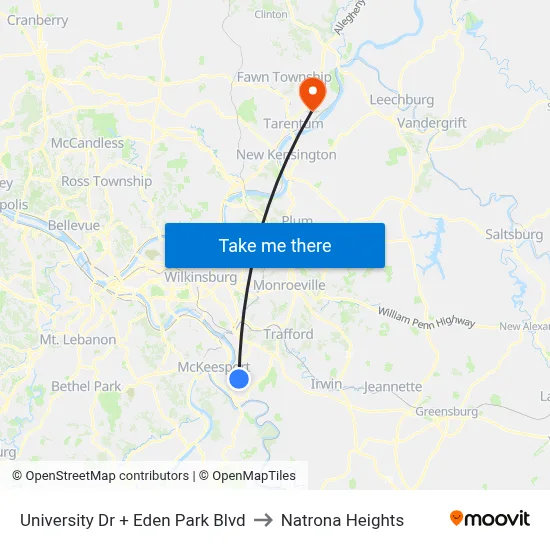 University Dr + Eden Park Blvd to Natrona Heights map