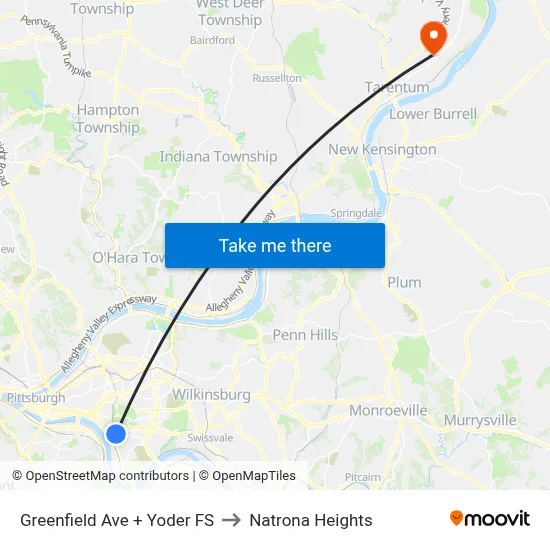 Greenfield Ave + Yoder FS to Natrona Heights map