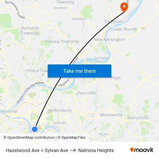 Hazelwood Ave + Sylvan Ave to Natrona Heights map