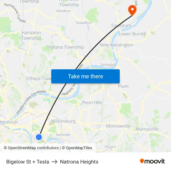 Bigelow St + Tesla to Natrona Heights map