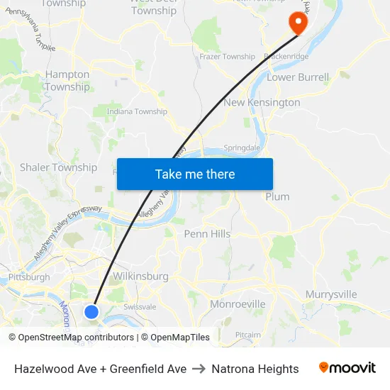 Hazelwood Ave + Greenfield Ave to Natrona Heights map