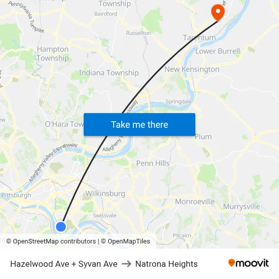 Hazelwood Ave + Syvan Ave to Natrona Heights map