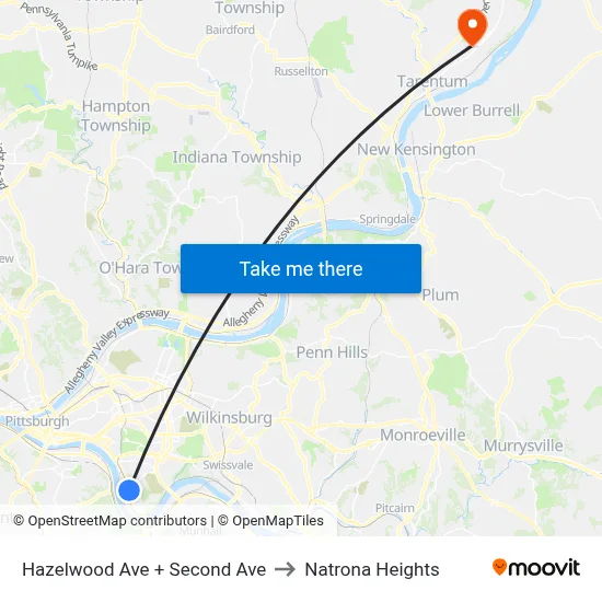 Hazelwood Ave + Second Ave to Natrona Heights map