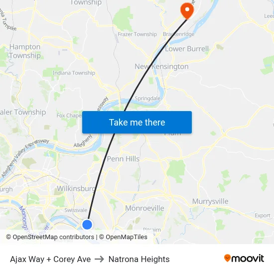 Ajax Way + Corey Ave to Natrona Heights map