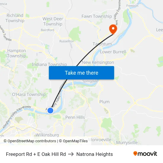 Freeport Rd + E Oak Hill Rd to Natrona Heights map