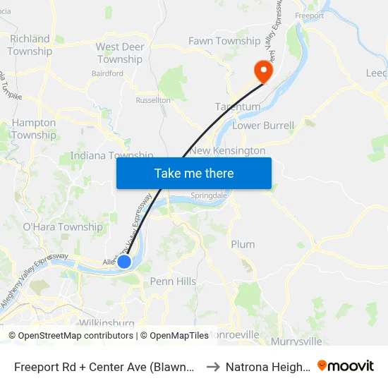 Freeport Rd + Center Ave (Blawnox) to Natrona Heights map