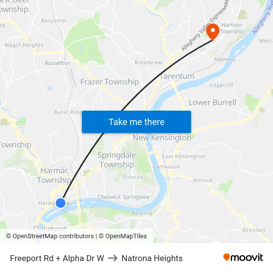 Freeport Rd + Alpha Dr W to Natrona Heights map