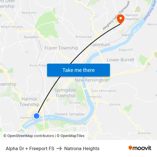 Alpha Dr + Freeport FS to Natrona Heights map