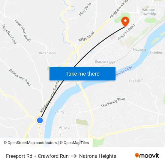 Freeport Rd + Crawford Run to Natrona Heights map