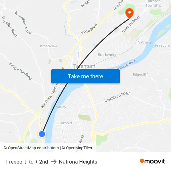 Freeport Rd + 2nd to Natrona Heights map