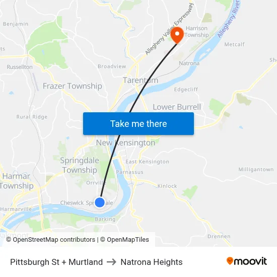 Pittsburgh St + Murtland to Natrona Heights map