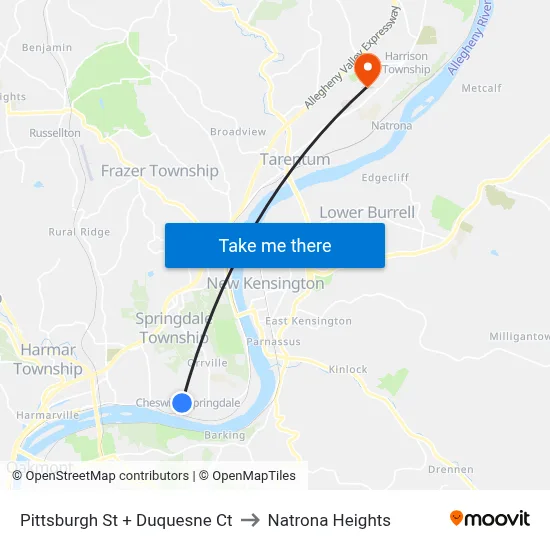 Pittsburgh St + Duquesne Ct to Natrona Heights map