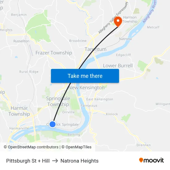 Pittsburgh St + Hill to Natrona Heights map