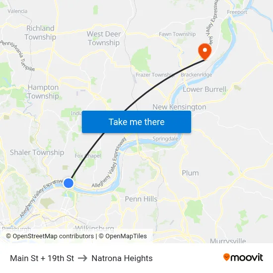 Main St + 19th St to Natrona Heights map