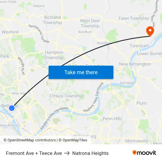 Fremont Ave + Teece Ave to Natrona Heights map