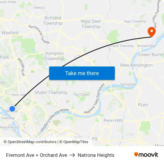 Fremont Ave + Orchard Ave to Natrona Heights map