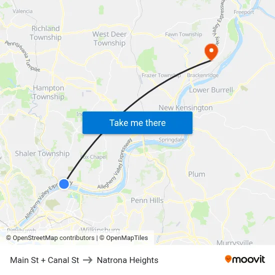 Main St + Canal St to Natrona Heights map