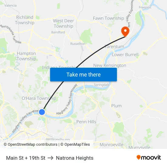 Main St + 19th St to Natrona Heights map