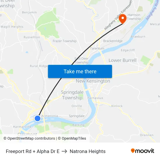 Freeport Rd + Alpha Dr E to Natrona Heights map
