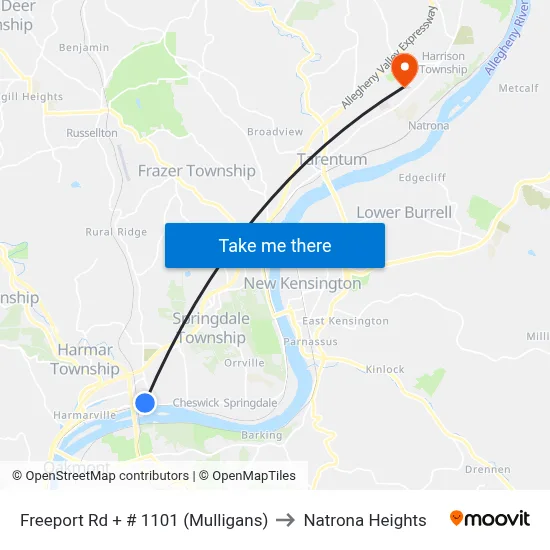 Freeport Rd + # 1101 (Mulligans) to Natrona Heights map