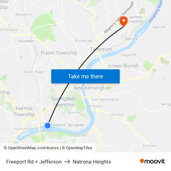 Freeport Rd + Jefferson to Natrona Heights map