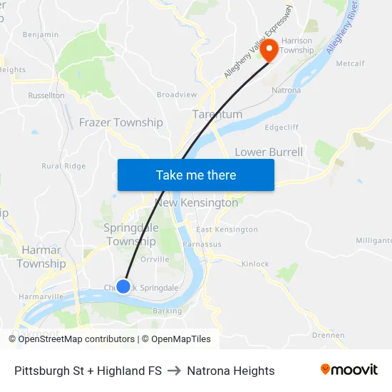 Pittsburgh St + Highland FS to Natrona Heights map