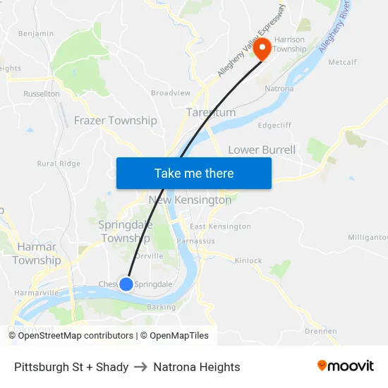 Pittsburgh St + Shady to Natrona Heights map