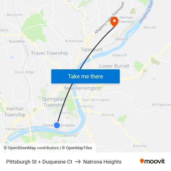 Pittsburgh St + Duquesne Ct to Natrona Heights map