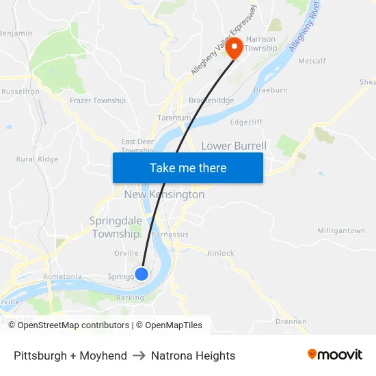 Pittsburgh + Moyhend to Natrona Heights map
