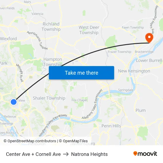 Center Ave + Cornell Ave to Natrona Heights map