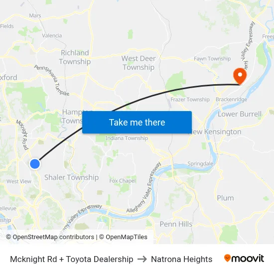 Mcknight Rd + Toyota Dealership to Natrona Heights map