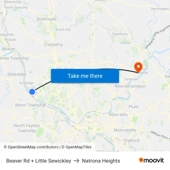 Beaver Rd + Little Sewickley to Natrona Heights map