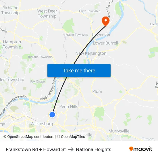 Frankstown Rd + Howard St to Natrona Heights map