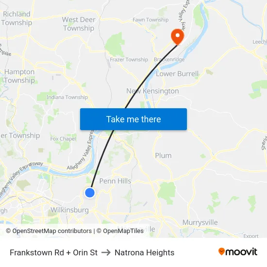 Frankstown Rd + Orin St to Natrona Heights map