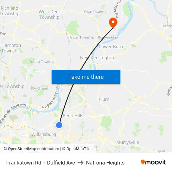 Frankstown Rd + Duffield Ave to Natrona Heights map